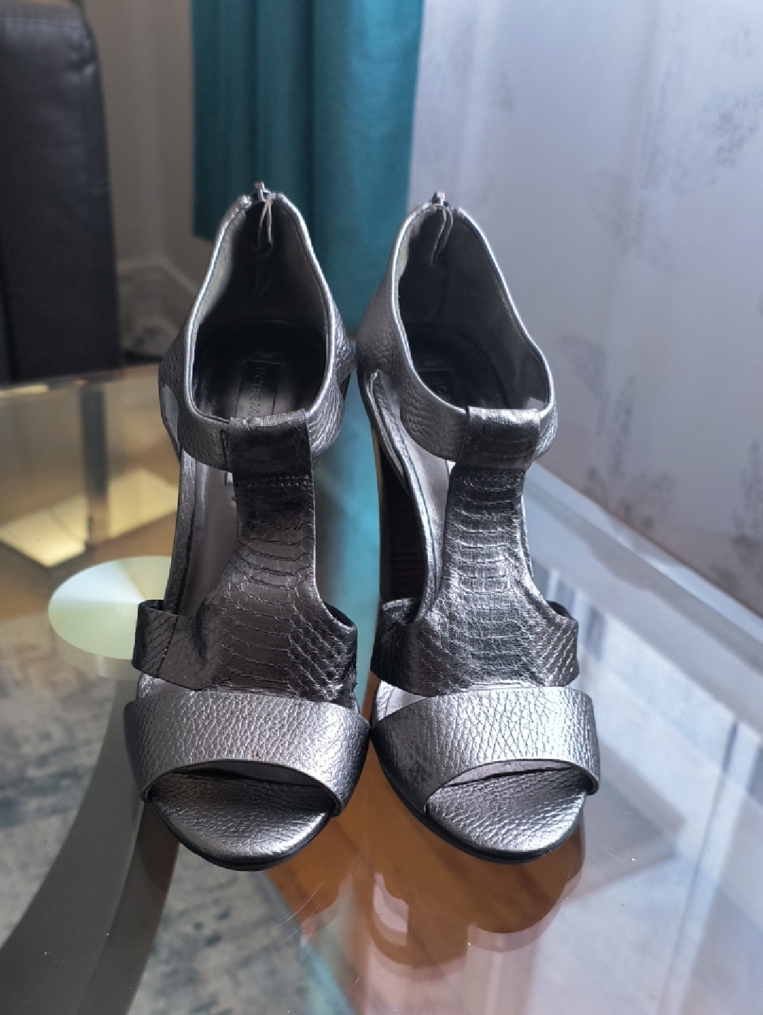 Bcbgmaxazria Metallic Silver T-Strap Heels